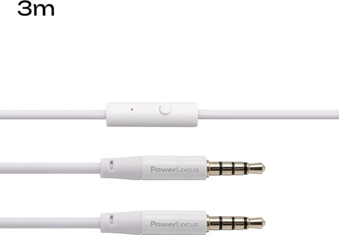 PowerLocus Audio Kabel 3.5mm Jack, Aux Kabel met Microfoon voor Koptelefoons - 3 Meters - Wit