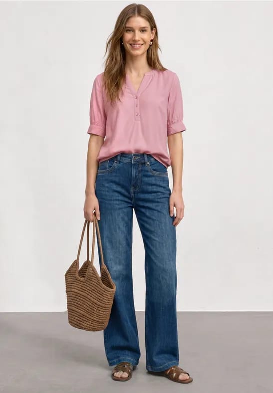 Blouse met korte mouwen, split in de hals en elastische zoom