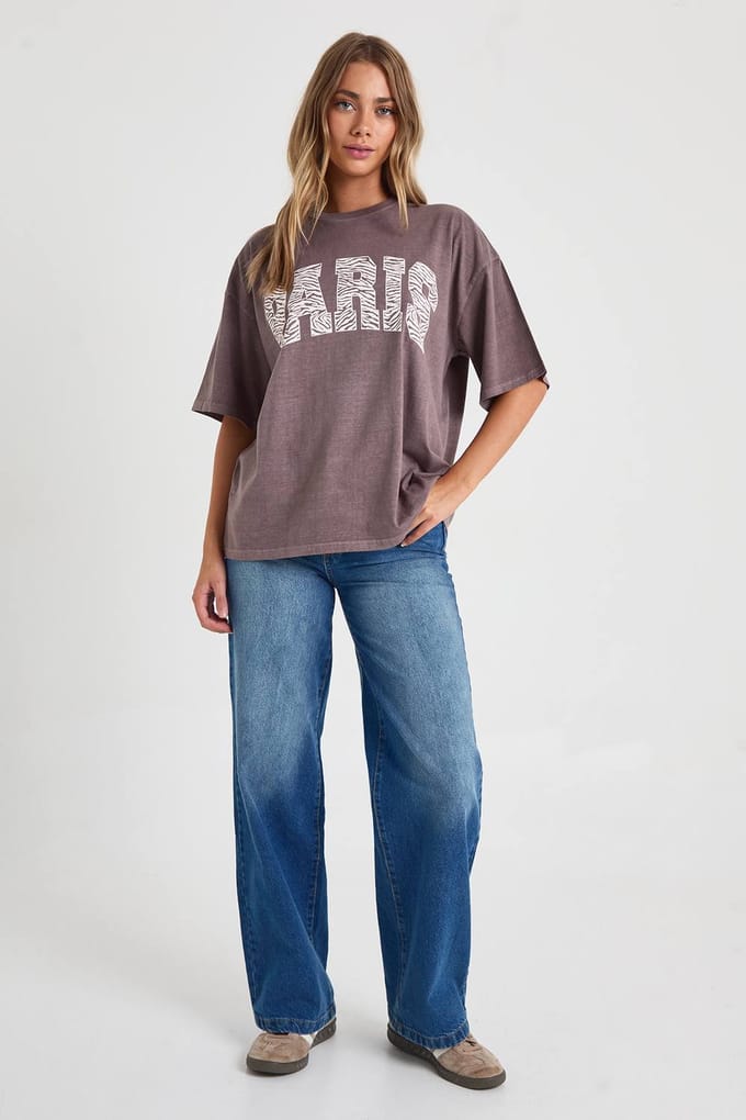 boohoo Dames Zebra Parijs bedrukte T-shirt | Chocoladebruin | Maat: XS