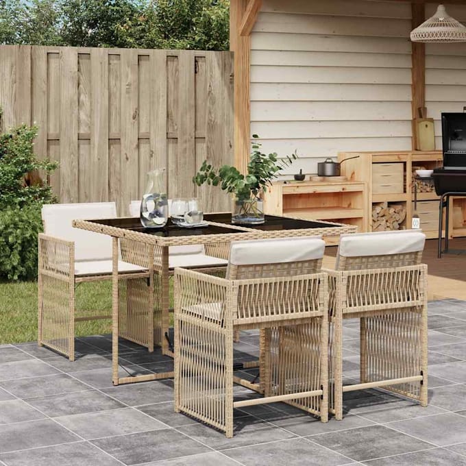 vidaXL - 5-delige - Tuinset - met - kussens - poly - rattan - beige