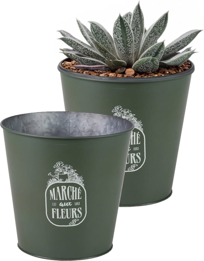 Sunnydays Emmer/plantenpot/bloempot - 2x - zink - legergroen - D23 x H22 cm