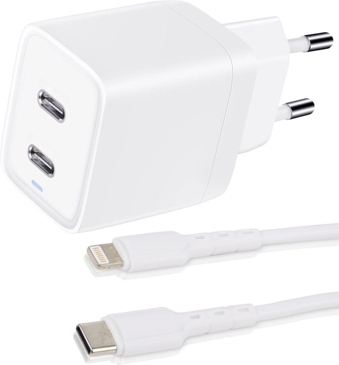 Usb Adapter 45w 2 Poorten usb-C + Geschikt voor Lightning naar usb-C Kabel 1 Meter Lang - Snellader