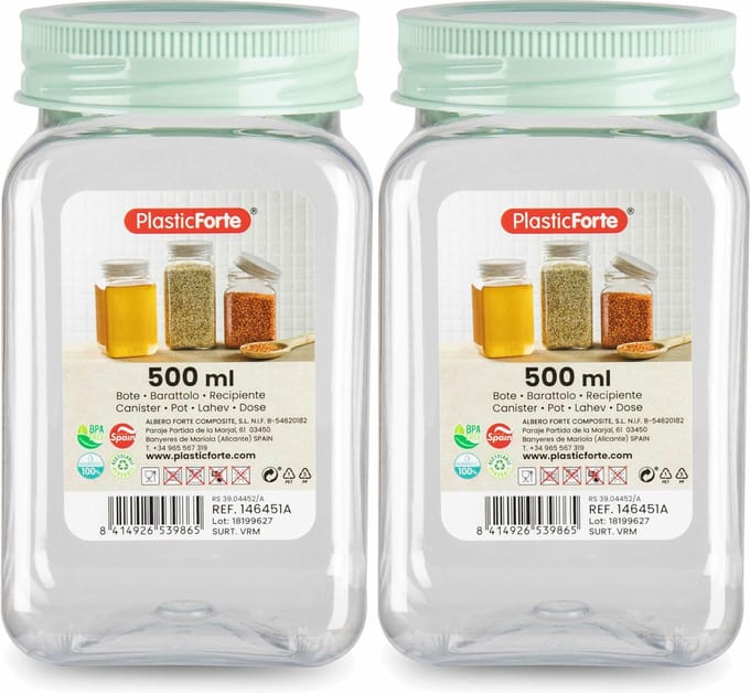 PlasticForte Voorraadpot/bewaarpot - 2x - 500 ml - kunststof - mint groen - B7 x H13 cm