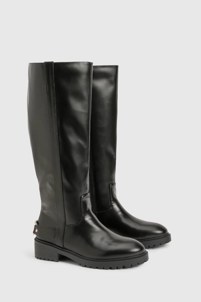 boohoo Dames Hardware-detail kniehoge bikerlaarzen | Zwart | Maat: 36