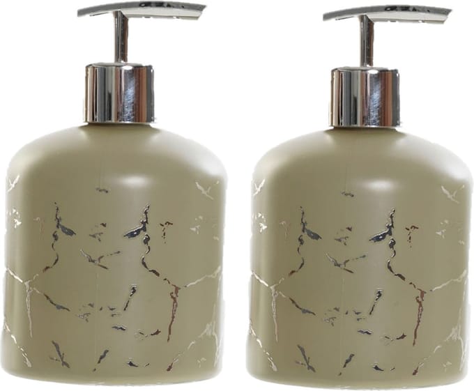 Items Zeeppompje/dispenser - 2x - glas - khaki groen - 350 ml - 14 cm - navulbaar - keuken/badkamer/toilet