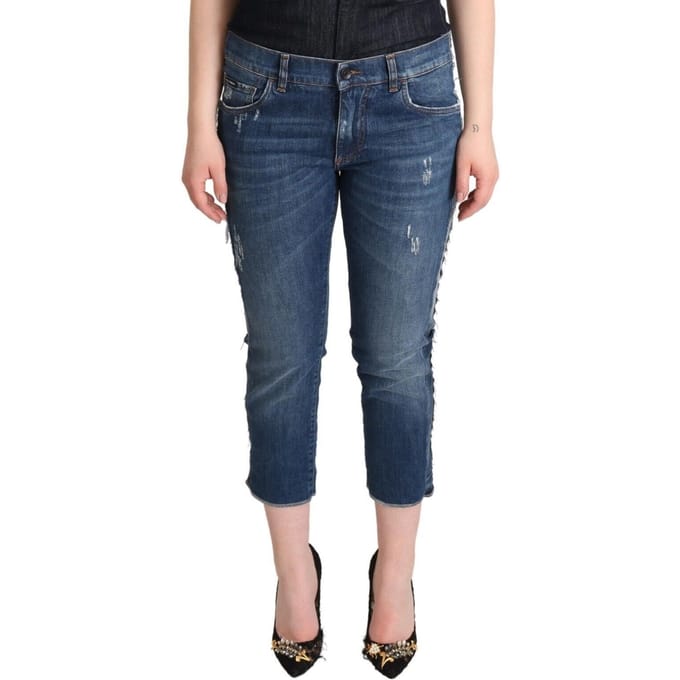 Dolce & Gabbana Blauwe Gewassen Midden Taille Denim Logo Cropped Dames Jeans