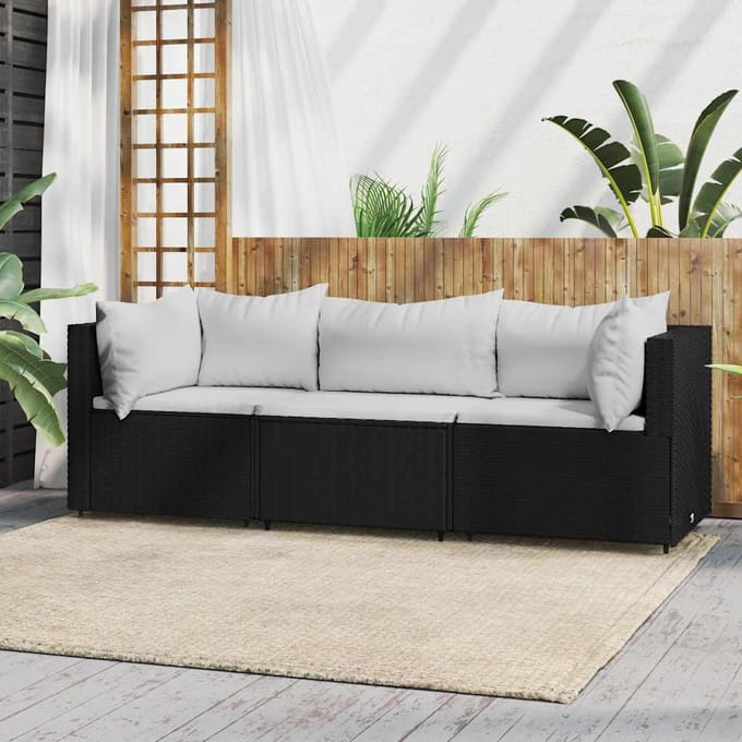 vidaXL - 3-delige - Loungeset - met - kussens - poly - rattan - zwart