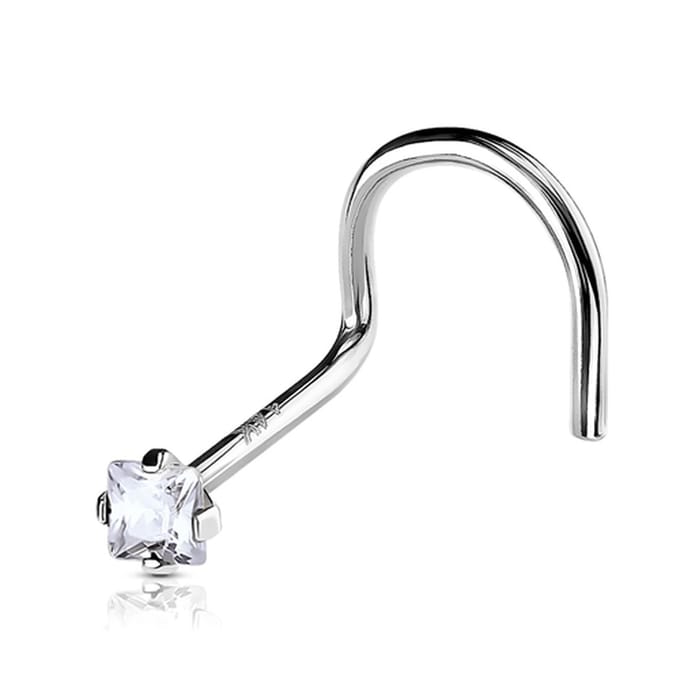 Piercing 14kt U-bocht vierkant steen - wit goud - LMPiercings