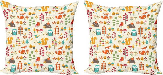 ABAKUHAUS Kinderkussensloopset (2 stuks), Uil, Vos, Eekhoorn, Vogels, 40 cm, Meerkleurig