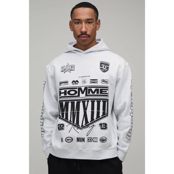 Grijsgemêleerde Oversized Hoodie Met Moto-wapen Print | Grey Marl | Size Large