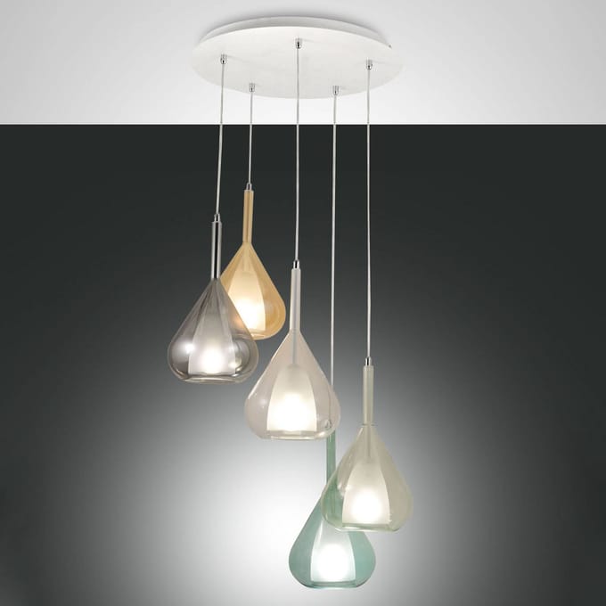 Fabas Luce Hanglamp paars, 5-lamps, rookgrijs/amber/helder/groen/blauw