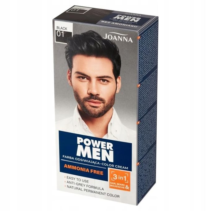 Joanna - Power Men Color Cream 3In1 Hair Beard Moustache 01 Black 30G