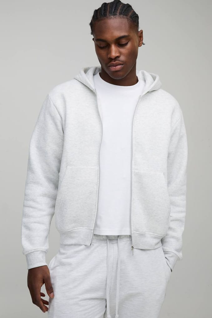 Essential Boxy Zip Through Hoodie | Grey Marl | Size Small
