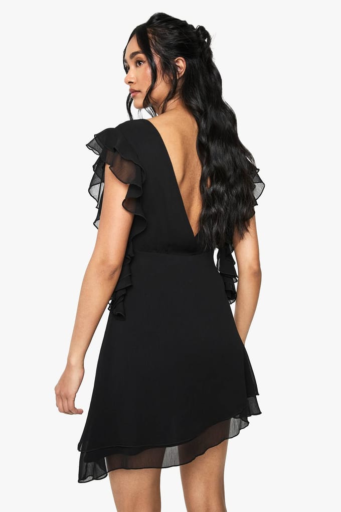 boohoo Dames Chiffon Mini Jurk met Ruffle Detail | Black | Maat: 8
