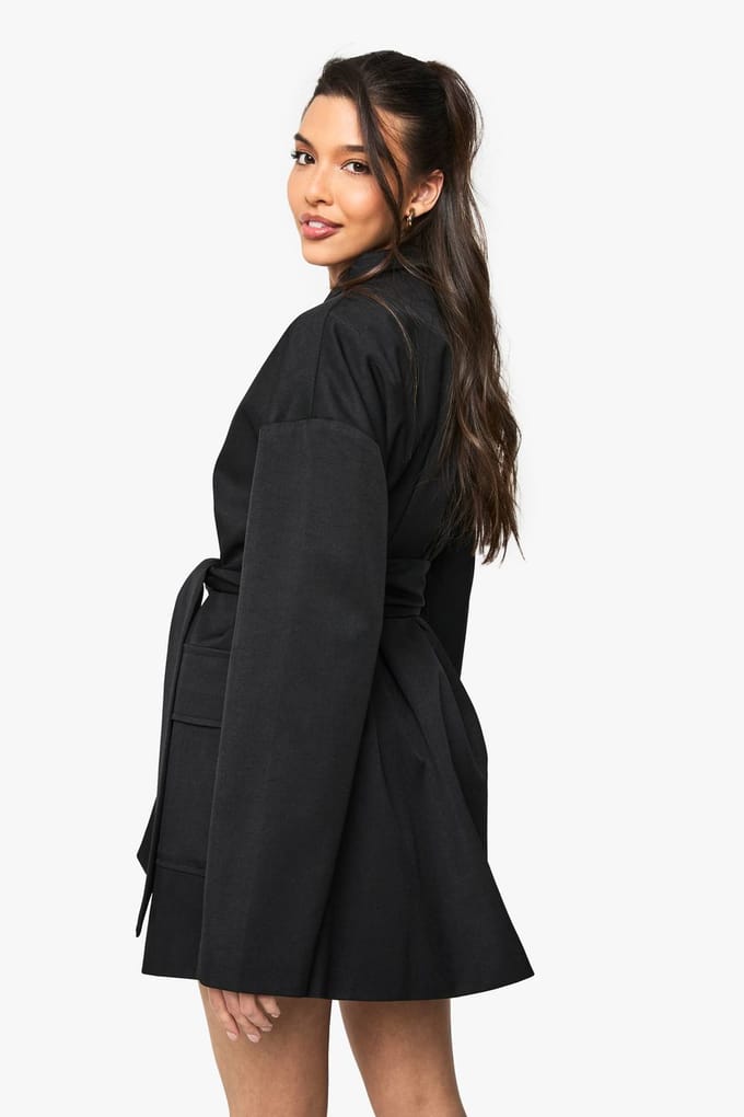 boohoo Dames Op Maat Gemaakte Oversized Wrap Blazer Jurk | Black | Maat: 8