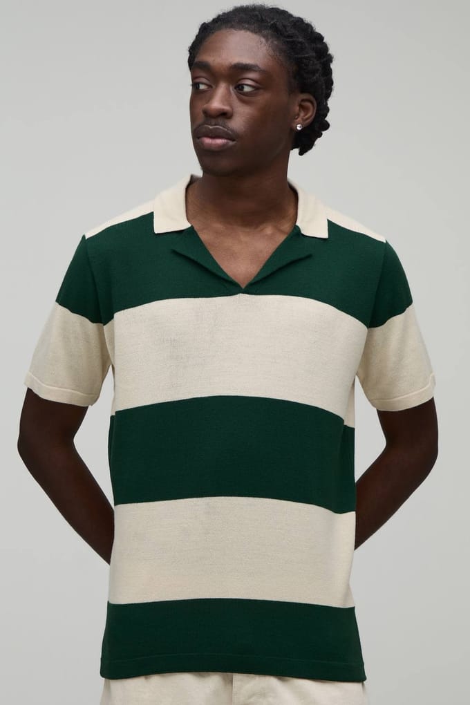 Regular Fit Revere Striped Knitted Polo T-Shirt | Forest | Size Small