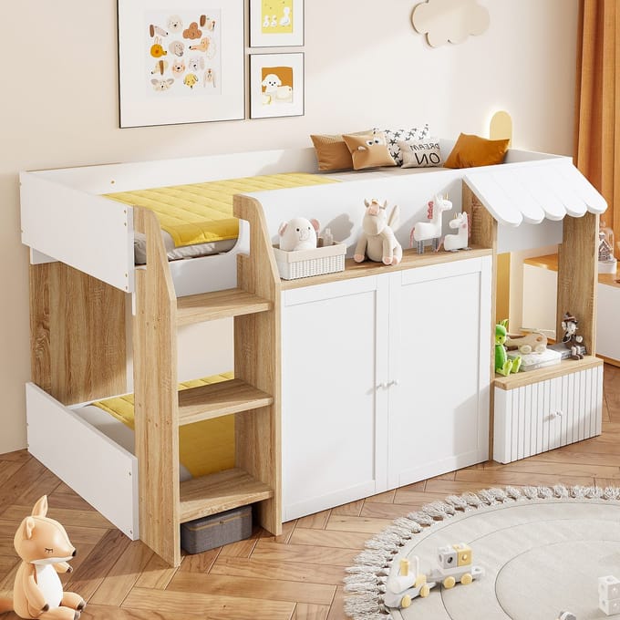 PHOEBE CAT Halfhoogslaper - 90x200 cm - Dubbele deuren - Opbergkast - Kinderbed - Wit + Natuurlijke