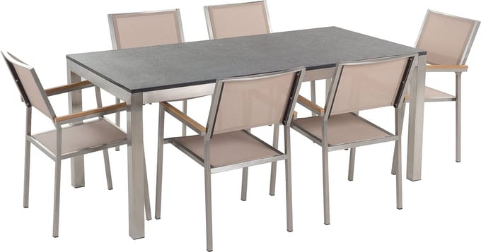 GROSSETO - Tuinset met 6 stoelen- Beige/Zwart - Graniet