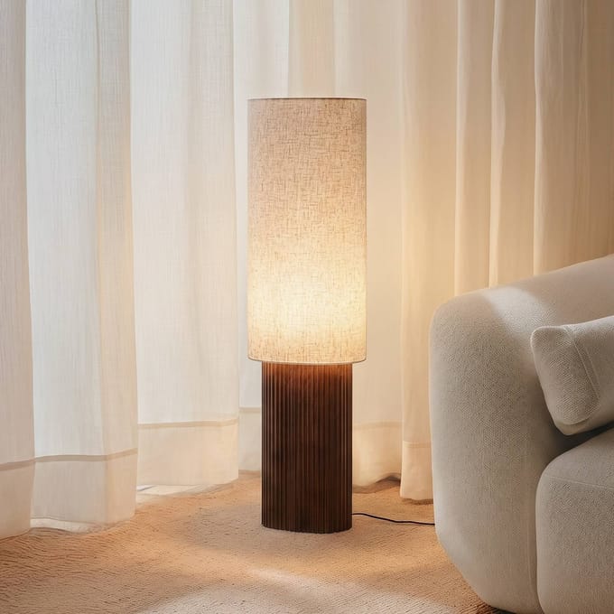 Lindby - vloerlamp - 1licht - Walnoothout, textiel - H: 100 cm - E27 - Donker hout, beige