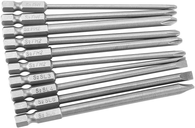 Set van 10 Magnetische Schroevendraaier Bits, 1/4 Inch Hex, 100mm S2 Staal, Phillips PH1 PH2 en Sleuf Bits voor Precisiewerk