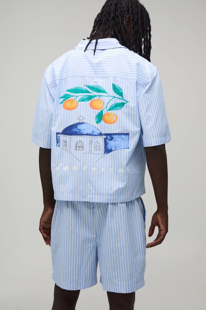 Gestreepte Oversized Korte Mouw Santorini Revere Shirt & Baggy Short Set | Light Blue | Size Medium