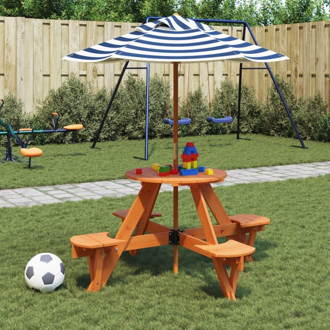vidaXL - Picknicktafel - voor - 4 - kinderen - met - parasol - rond - vurenhout