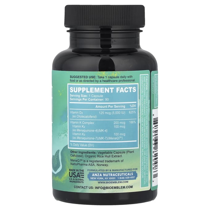 BioEmblem, Vitamine D3 + K2, 90 Veggie Capsules