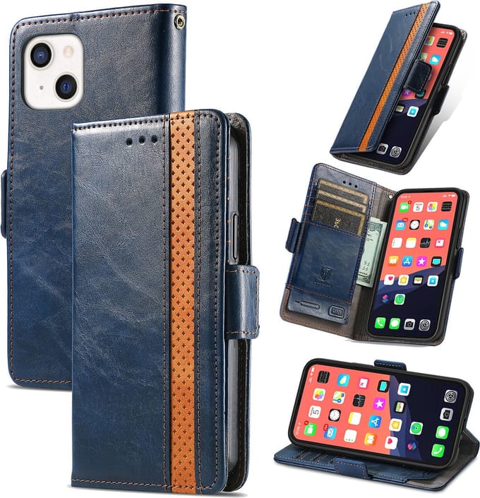 Stijlvol Tweekleurig PU-leer Wallet Flip Case voor iPhone 13 Mini _ Blauw