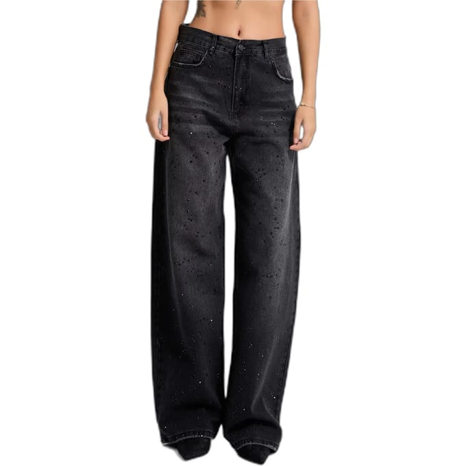 It's Basic - RHINESTONE MID RISE LOOSE JEANS - GRAPHITE