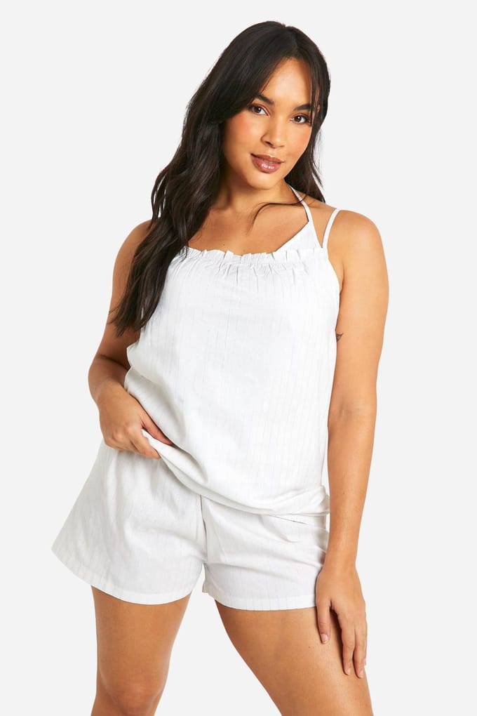 boohoo Dames Plus Pinstripe Bandjes-Cami en Korte Pyjama Set | Wit | Maat: 48