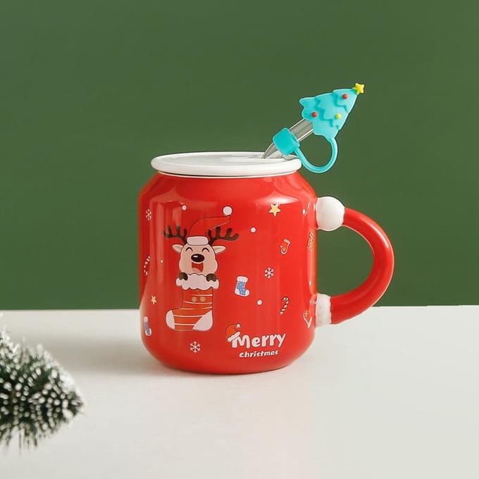 Kerst Elk Sip Beker Creatieve Rode Oudere Mok Hoog Uitziende Kerstmuts Keramische Beker Schattig 301-400ml red