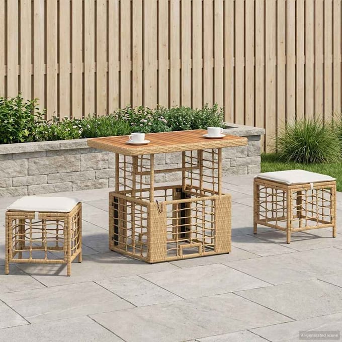 vidaXL Tuin eettafelset 3 st Natuur en Wit Poly Riet en Acaciahout