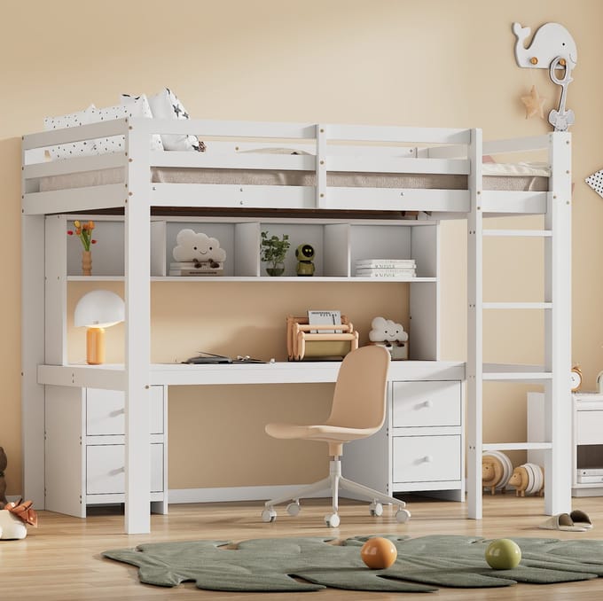 COVREO Hoogslaper 90x200 cm wit, hout en MDF met bureau en opbergruimte