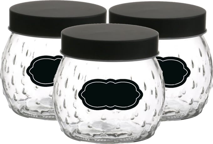 Voorraadpot/bewaarpot Mora - 6x - 1L - glas - zwart - incl. etiketten