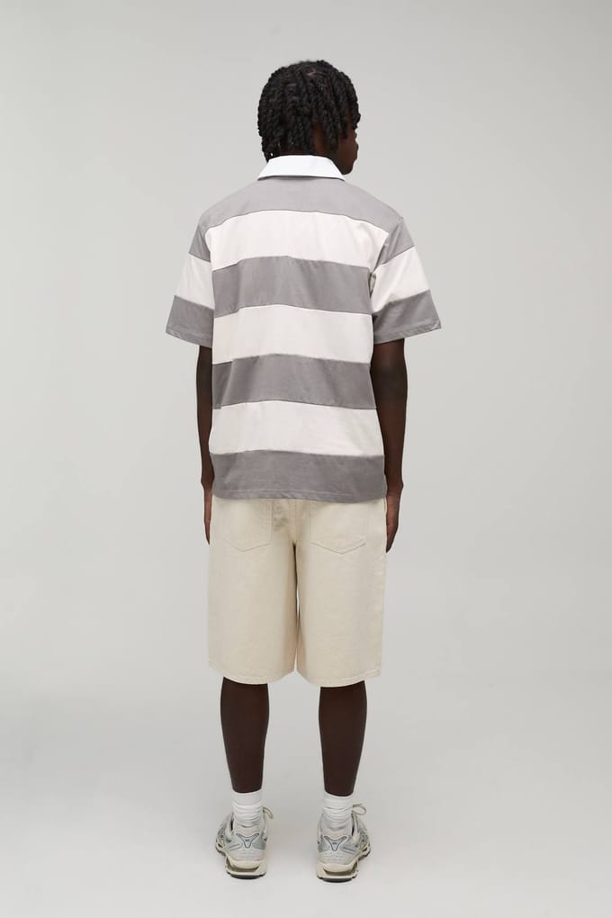 Regular Fit Korte Mouw Geborduurd Gestreept Rugby Polo | Grey | Size Large