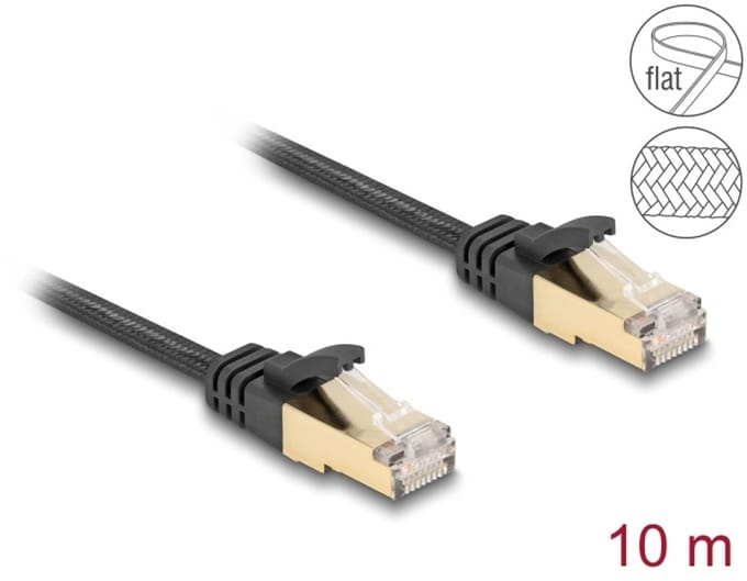 Delock RJ45 Flat Network Cable with braided jacket Cat.6A U/FTP plug to plug 10 m black