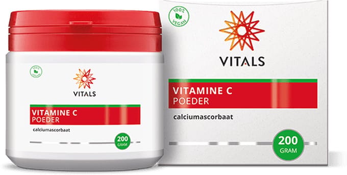 Vitals Vitamine C poeder - 200 gram. Vitamine C in gebufferde vorm van calciumascorbaat, zonder hulpstoffen.