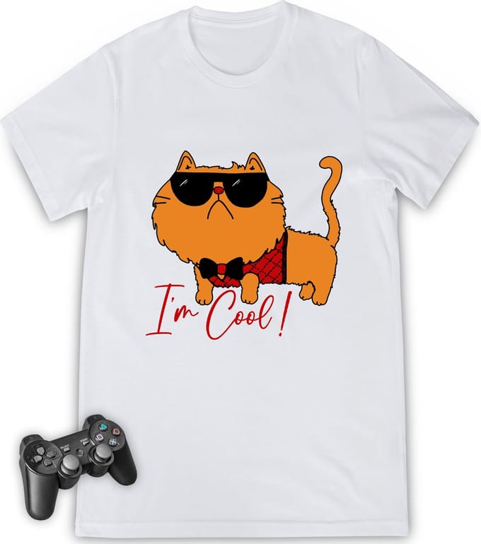 Jongens tshirt - grappige I'm Cool Cat print  - Maten 92 t/m 164 - Shirt kleuren wit en zwart.