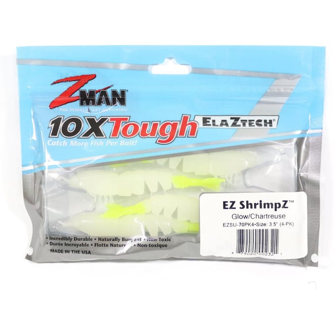 Zman Zachte Kunstaas Shrimpz 3,5 Inch 4/Pack Glow Chart Tail (2321) white