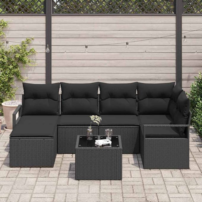 vidaXL Bankstel met kussen met opslag 7 pcs Zwart poly rattan