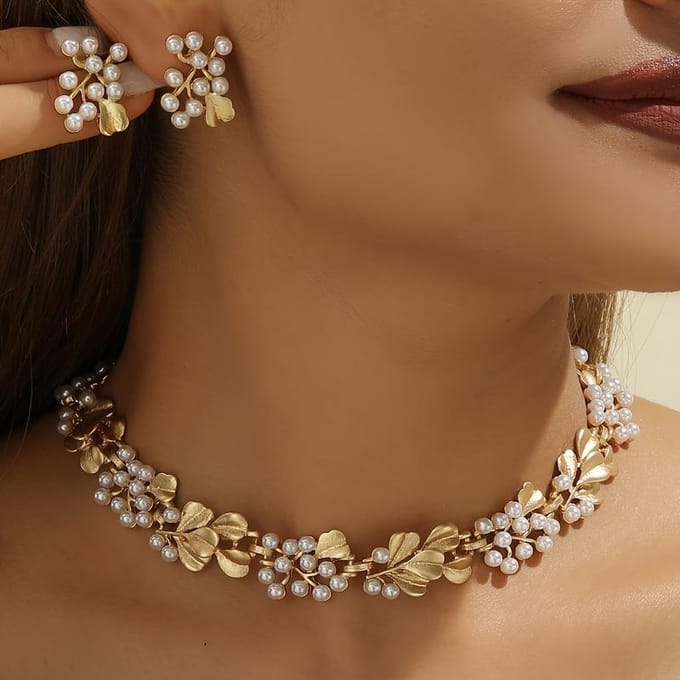 3 Stuks Strass Imitatie Parels Oorbellen Ketting Set Twee Delen Vintage Choker Accessoire Lichte Luxe Sieraden Sets Bruiloft brown