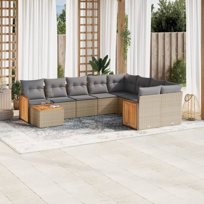 vidaXL - 10-delige - Loungeset - met - kussens - poly - rattan - beige