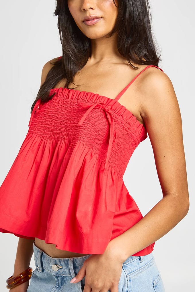 boohoo Dames Top Met Strikbandjes Gerimpelde Peplum | Rood | Maat: 36