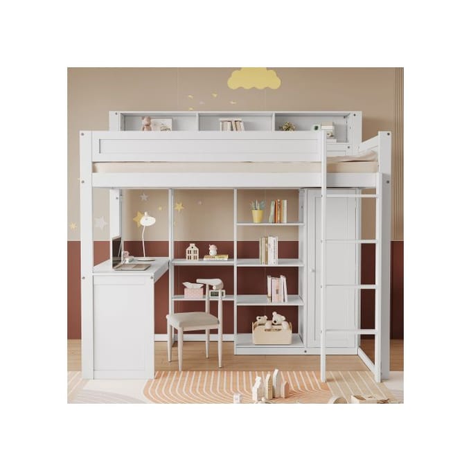 Stapelbed - MUVOE - 90x200cm - Wit - Met tafel en kast - Veilig met hekjes wit