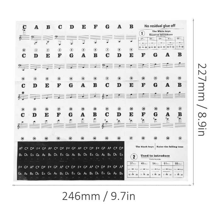 Autocollants pour Piano Partition Clavier PVC Noir Blanc Chiffres Notes pour Enfants Débutants white
