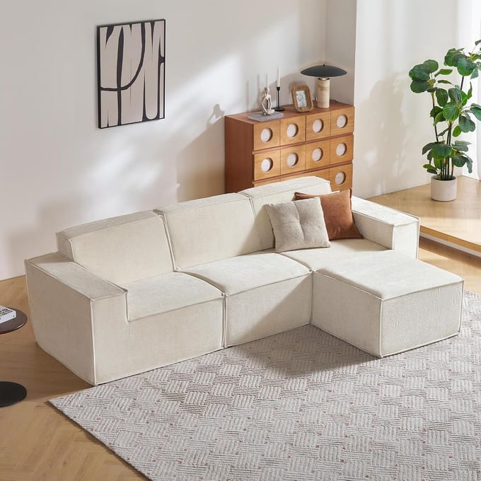 LINSY HOME Corner Sofa with Sleep Function - 266 cm Modular Sofa Bed, L Shape Couch, Sectional Sofas for Living Room, No Assembly Required (Chenille, Beige, 3 Seats with Ottoman)