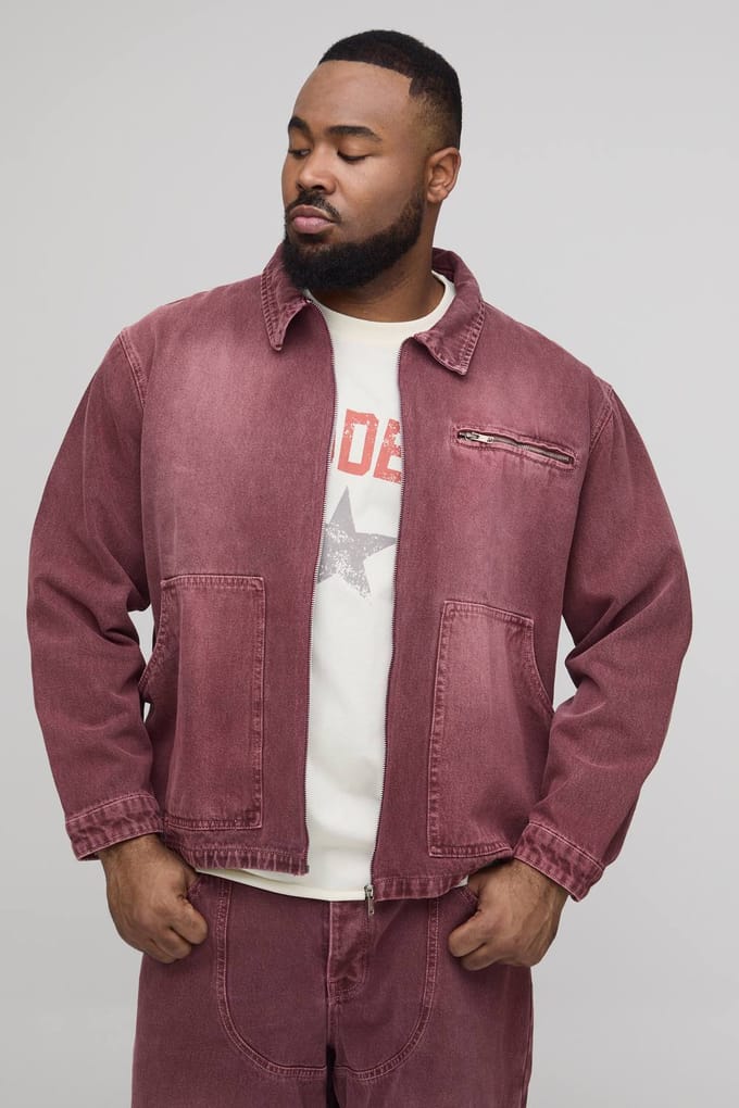 Plus Overdye Western Applique Denim Harrington Jacket | Red | Size 3XL