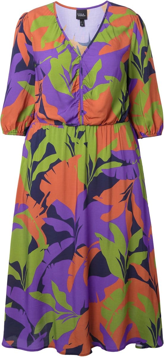 Ulla Popken - Dames - Midi-jurk bladeren A-lijn V-hals 3/4-mouwen - Marine - Maat 42