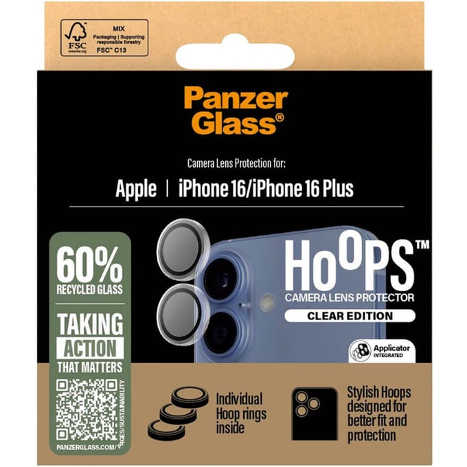 PanzerGlass Screenprotector geschikt voor Apple iPhone 16 Glazen | PanzerGlass Hoops Camera Lens Protector - Case Friendly