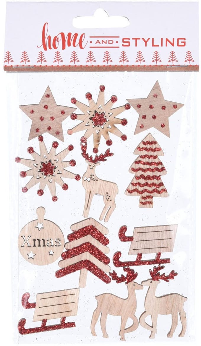Houten Kerststickers met Glitters, 12st.